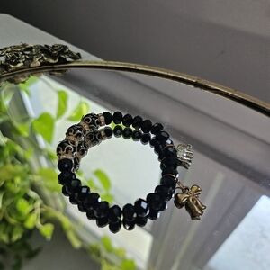 Elastic Elephant Bow Charm Black Beaded Bracelet